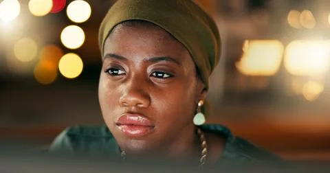 Face, reading and computer with a business black woman in her office, working on Stock Photos