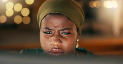 Face, reading frown and computer with a business black woman in her office Stock Photos