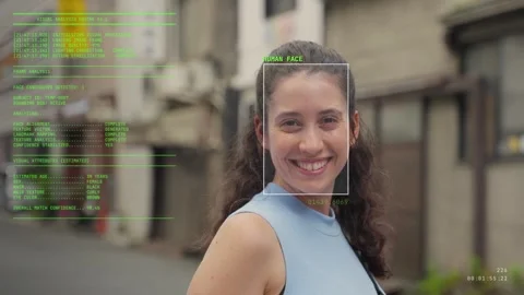 Face recognition AI algorithm analyzing young woman's face with machine learning Stock Footage 340354772