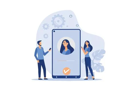 Face recognition and data safety. Mobile phone users getting access to data a Stock Illustration