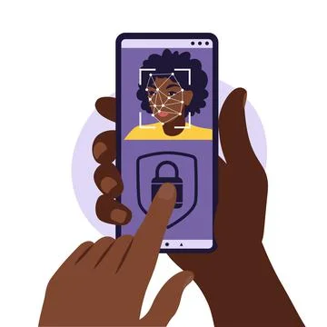 Face recognition and identification, face ID concept. Hands with phones with  Stock Illustration