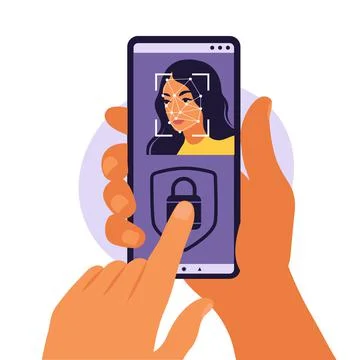 Face recognition and identification, face ID concept. Hands with phones with  Stock-Illustration