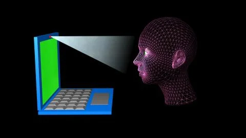 Face recognition , biometric verification scan from laptop. 3d wireframe head Stock Illustration