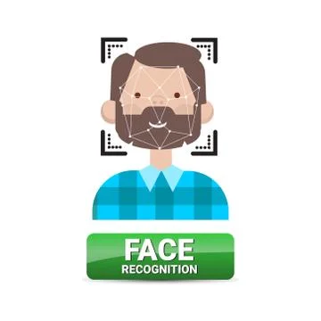 Face Recognition Button Biometrical Identification On Male Face Access Control Illustrazione stock
