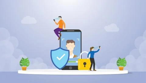 Face recognition concept technology human face scanner with smartphone apps w Stock Illustration