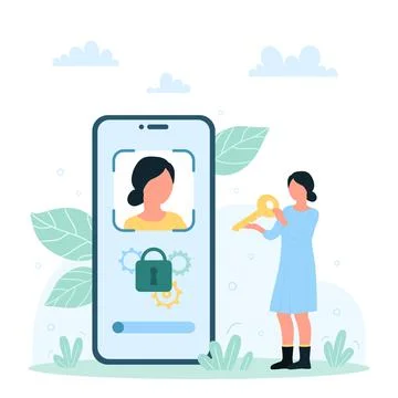 Face recognition for phone, ID and privacy, tiny woman holding key to lock on Illustration