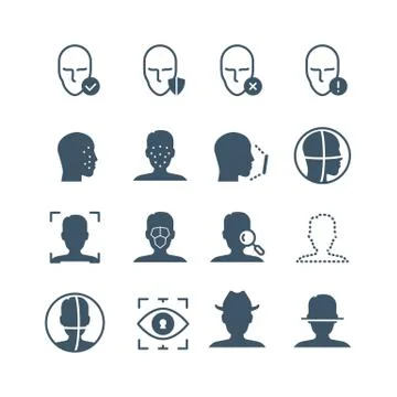 Face recognition safety software line icons. Faces and iris biometrics detection Illustrazione stock