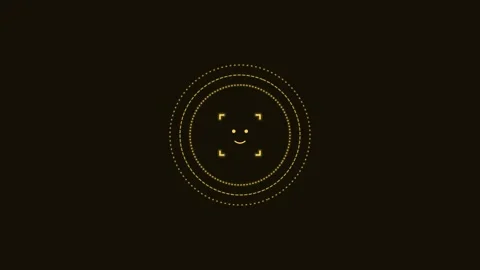 Face recognition scan line icon with rotating rings, gold neon style 库存影片 342595441