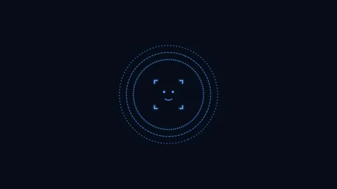 Face recognition scan line icon with rotating rings, blue neon style Stock Footage 342595449