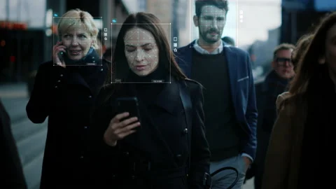Face Recognition Software Working on Business Street Stock Footage 158891540