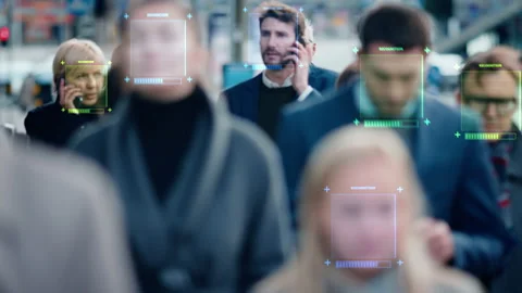 Face Recognition Software Working on Business Street Stock Footage 158892609
