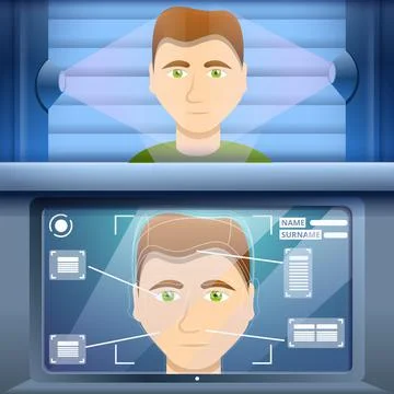 Face recognition system concept background, cartoon style Stock Illustration