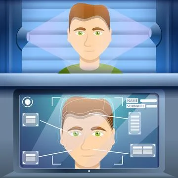 Face recognition system concept background, cartoon style Stock Illustration