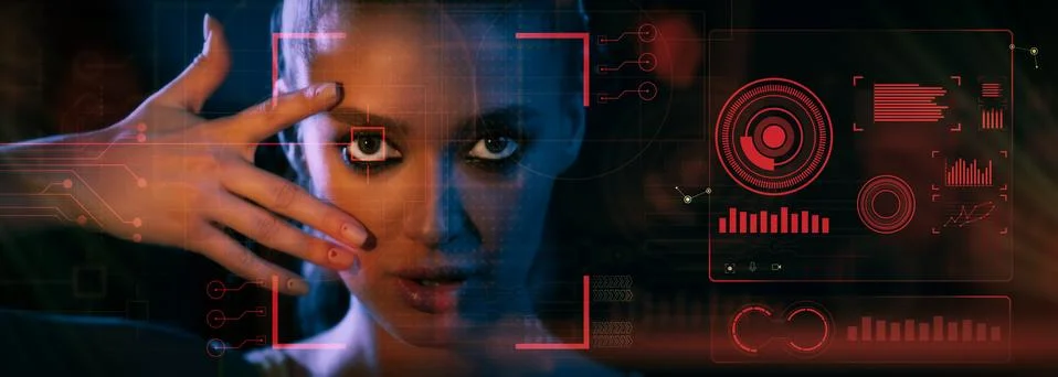 Face Recognition System. Digital Scanning Interface Over Portrait Of Beautiful Foto stock