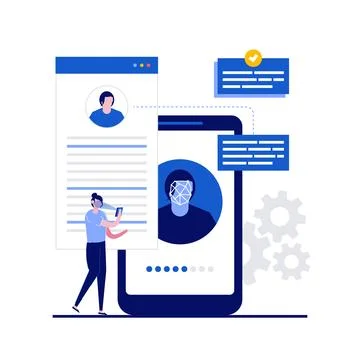 Face recognition technology concept with character. People stand near smart.. Stock Illustration