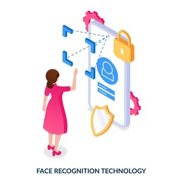 Face recognition technology concept. Secure login to mobile apps via face ID. Stock Illustration