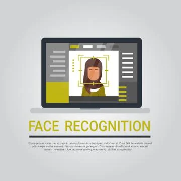 Face Recognition Technology Laptop Computer Security System Scanning Arab Woman Stock Illustration