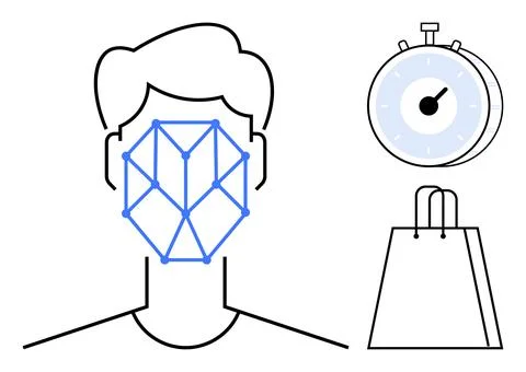 Face Recognition Technology with Timer and Shopping Elements Illustration Stock Illustration