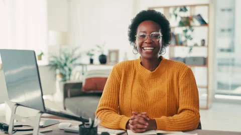 Face, remote work and happy black woman in home office for programming, code and Stock Footage 301285998