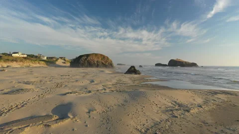 Face Rock Oregon low flight on the sandy beach Stock Footage 152592050