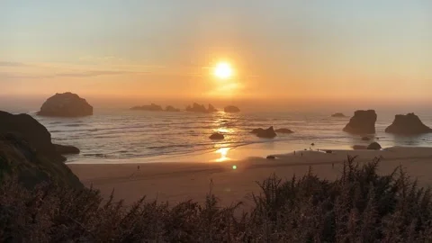 Face Rock State Scenic viewpoint in Bandon, Oregon at sunset Stock Footage 278186805