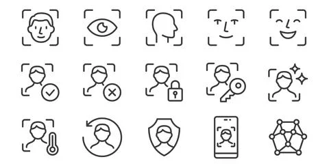 Face scan line icon set. Facial recognition, biometric authentication, security Stock Illustration