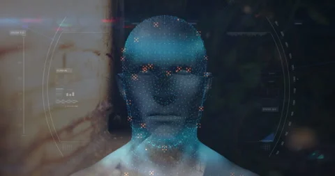 Face scanning digitally with abstract data visualization elements in background Stock Footage 306242587