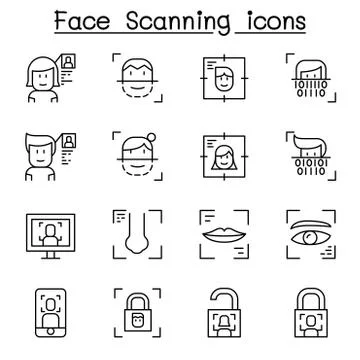 Face scanning, Face recognition and biometric authentication icon set in thin Illustrazione stock