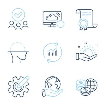 Face scanning, Update data and World money icons set. Cogwheel, Recovery cloud Stockillustratie