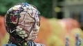 Face of sculpture of human, made of electric wires and electronic devices HD Footage