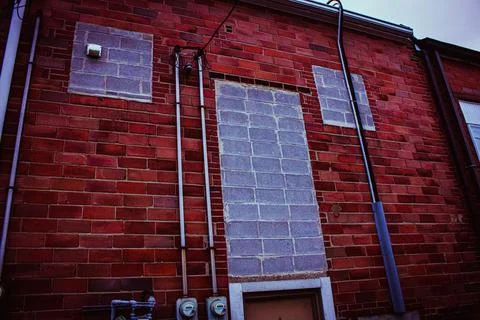 A face seen in the side of a brick building made of cinder blocks in Chardon, Stock Photos