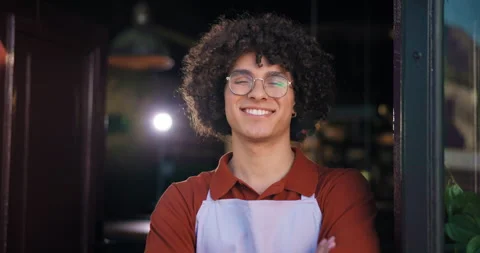 Face, server or happy man in cafe with confidence, small business or hospitality Video stock 312721120