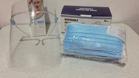 Face Shield, Face mask, Box of Facemask, Box of Face Shield 스톡 동영상 142679123