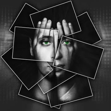 Face shines through hands, face is divided into many parts by cards , double exp Stock Photos