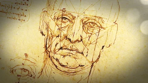 Face Sketch by Da Vinci: 3 Dynamic Moves in 3D Space, With Dramatic Lighting Stock Footage 205036804