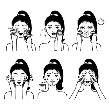 Face skin care vector set with girl Stock Illustration