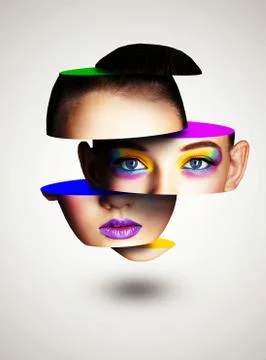 Face Slice Effect. Creative Makeup. Fantasy, Artistic make up. Art Processing. Foto stock