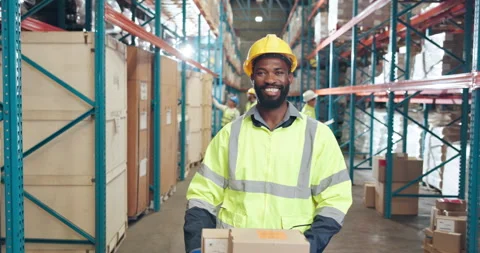Face, smile and man with boxes at warehouse for distribution, shipping and Stock Footage 335937304