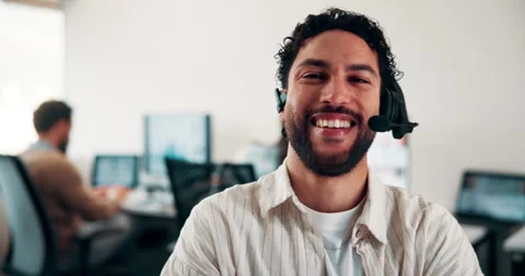 Face, smile and man in call center for technical support, coworking and virtual Stock Footage 335925325