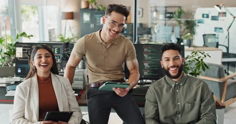 Face, software engineer and happy group of business people in startup for Stock Footage 290052592