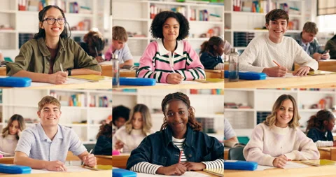 Face, student and group in classroom, collage or writing exam, growth or Stock Footage 316221149