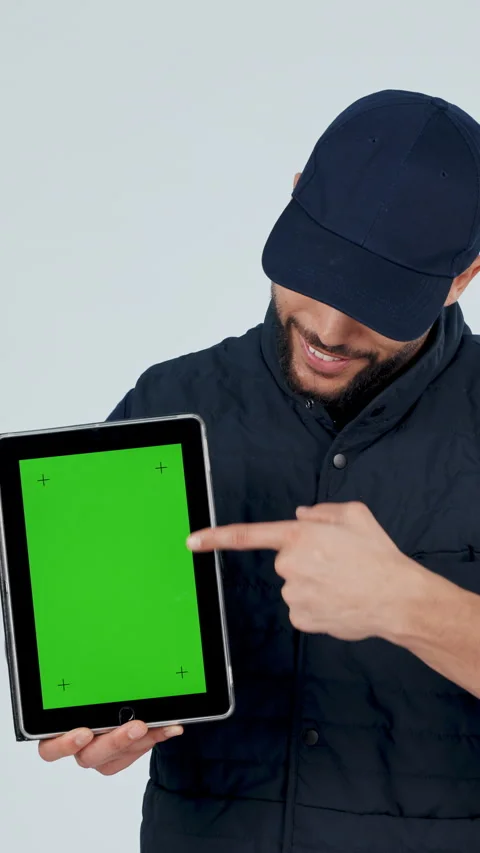 Face, tablet or delivery man with thumbs up or green screen in studio for Stock Footage 336840036