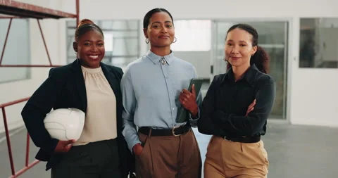 Face, team and happy in office for property development group, tablet and helmet Stock Footage 341577304