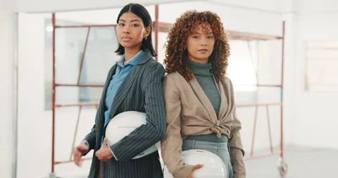 Face, team and serious with helmet for construction, building renovation or code Stock Footage 341461540