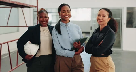 Face, team and smile in office for property development group, tablet and helmet Stock Footage 341580491