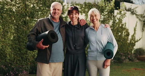 Face, trainer or elderly couple in backyard for yoga, active aging or bonding in Stock Footage 338170662
