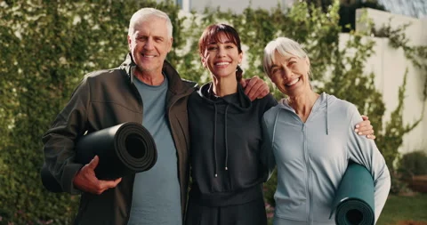 Face, trainer or elderly couple outdoor for yoga, active aging or bonding in Stock Footage 338170681