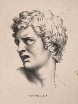 A face turned away, suffering acute pain. Lithograph by P. Simonau, 1822, a.. Stock Illustration