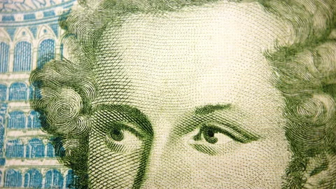 The face of VINCENZO BELLINI printed on five thousand Italian lire Stock Footage 155937518
