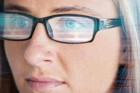 Face, vision and glasses with code, woman in business and programming, data 库存照片